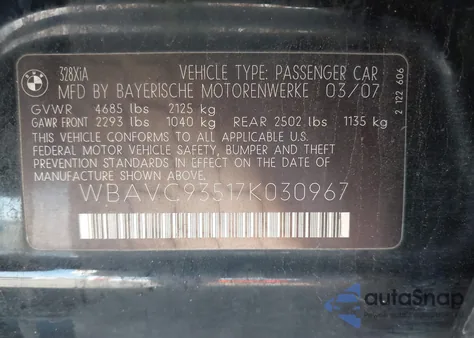 2007 BMW 328Xi from USA, damaged, VIN WBAVC93517K030967